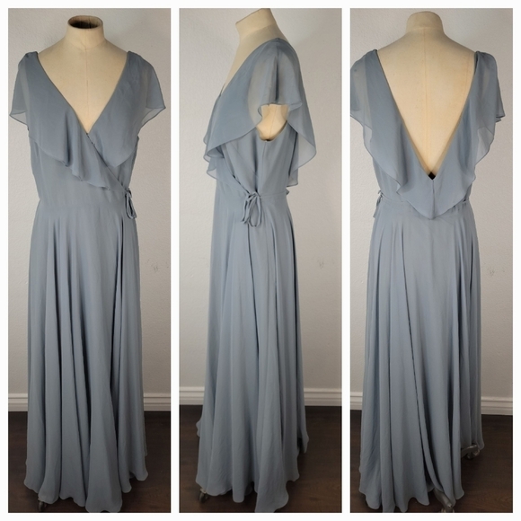Jenny Yoo Maxi Wrap Dress Sz 12 Faye Flutter Gray Bridesmaid Wedding - Picture 1 of 10